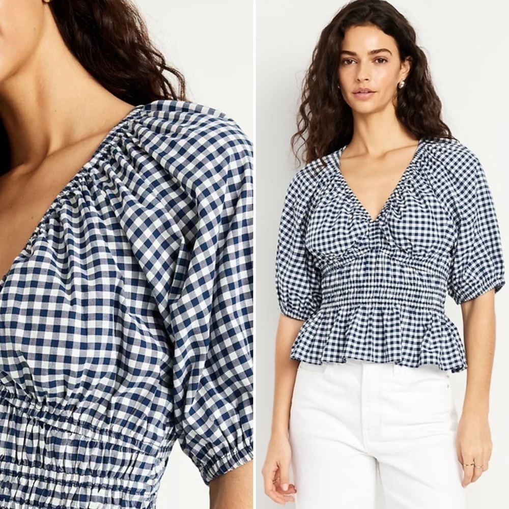 Old Navy Blue & White Smocked Gingham V-Neck Balloon Sleeve Top Women’s Size XS